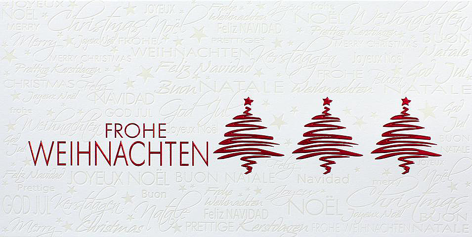 Weihnachtskarte Frohe Weihnachten international mit roten Weihnachtsbäumen