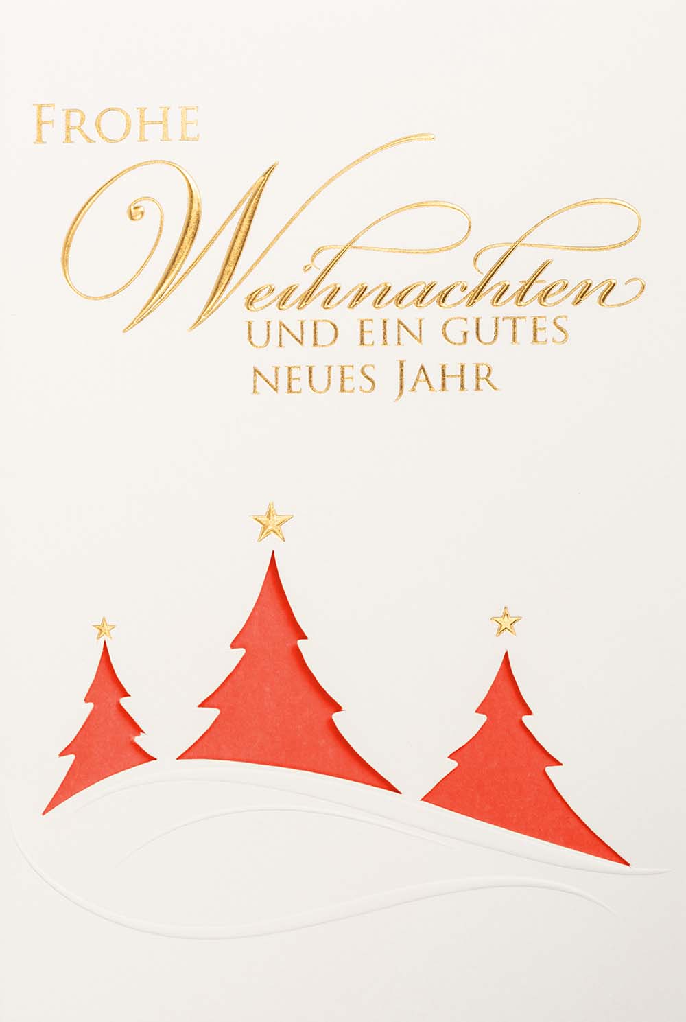 Weiße Weihnachtskarte mit Goldfolienprägung Weihnachtsgruß und rotem Einlegeblatt