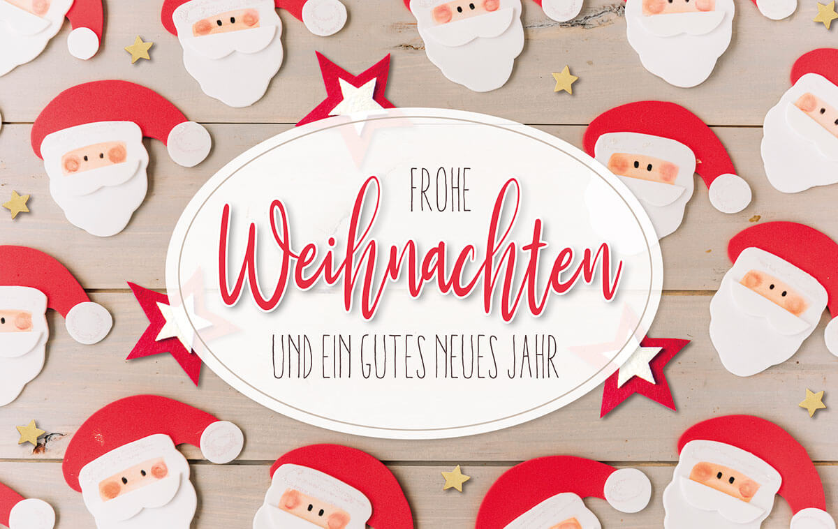 Humorvolle Weihnachtskarte mit Weihnachtsmännern, Sternen und Weihnachtsgruß