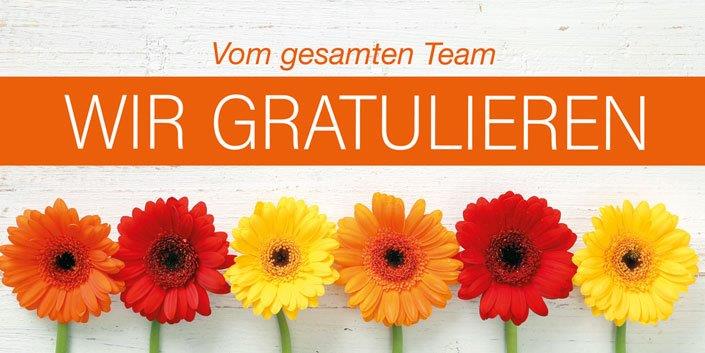 Geschäftliche Team-Glückwunschkarte mit bunten Gerberas und "Wir gratulieren", DIN lang