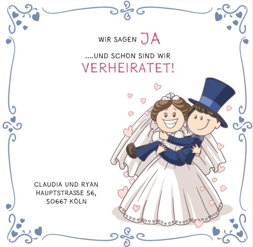 Seite 3 der lustigen Zick-Zack Leporello Einladungskarte zur Hochzeit mit Hochzeitsantrag Comic Karikatur Geschichte