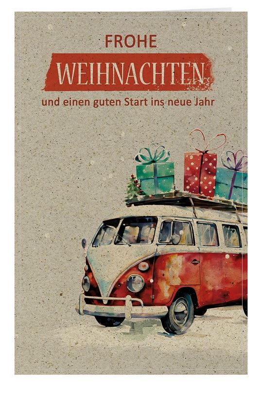 Umweltfreundliche Weihnachtskarte im Retro-Stil mit rotem Bulli Bus und Weihnachtsgruß