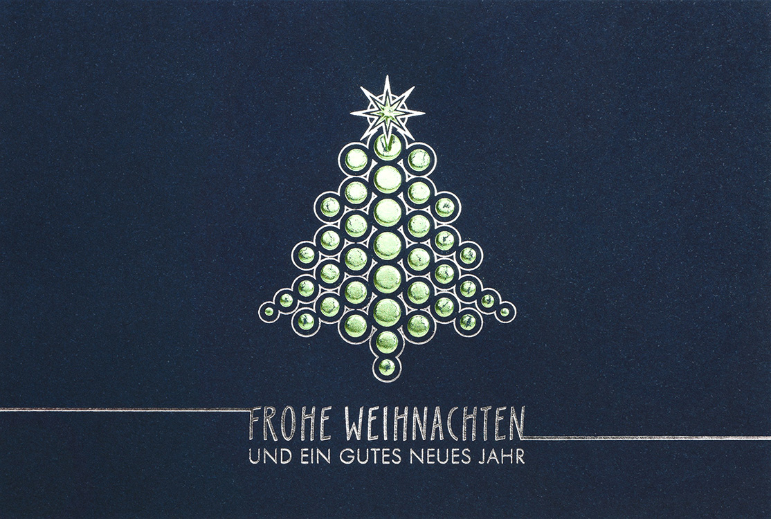 Weihnachtskarte nachtblau mit Weihnachtsbaum aus grünen Kreisen