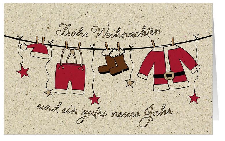 Fröhliche Weihnachtskarte aus nachhaltigem Graspapierkarton mit Wäsche von Santa Claus an der Leine