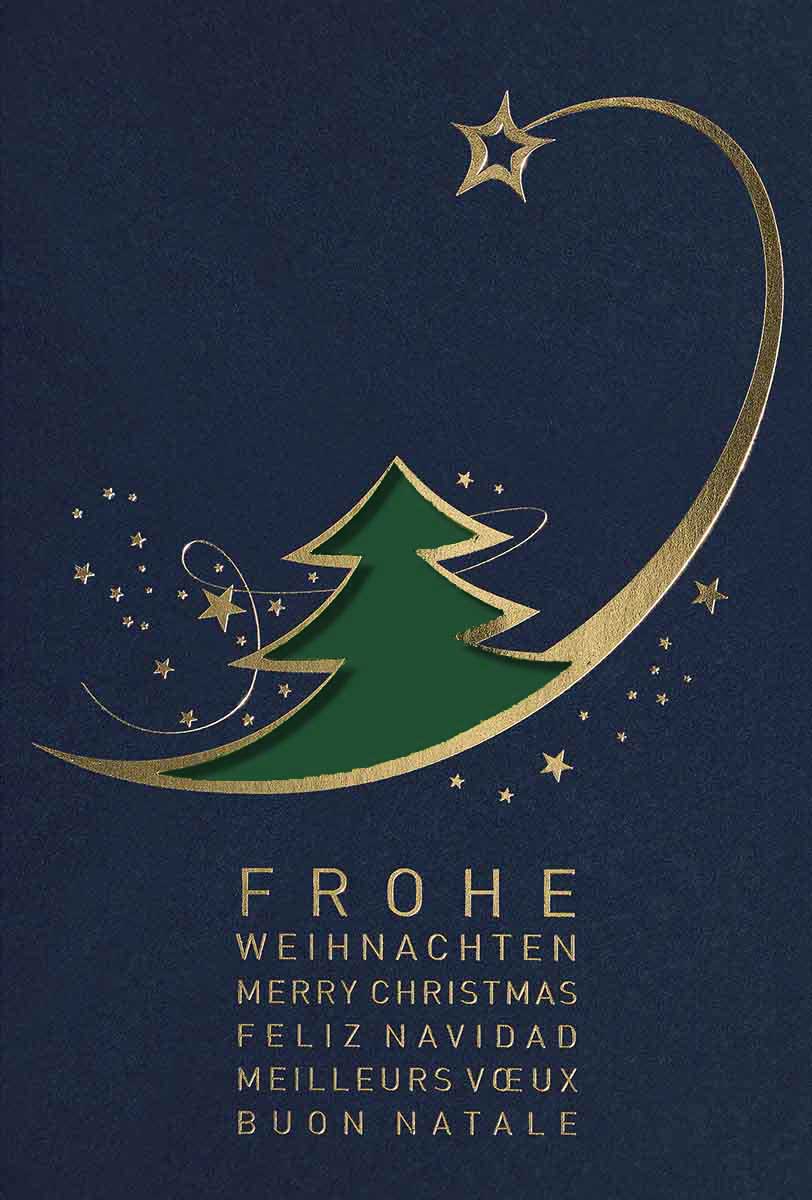 Internationale Stanz-Weihnachtskartein blau mit goldenen Sternen und dunkelgrünem Einlegeblatt