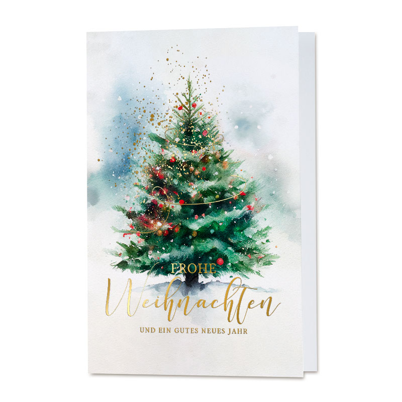 Aquarell-Weihnachtskarte mit geschmücktem Weihnachtsbaum und Gutem Zweck: Herzenswünsche e.V.