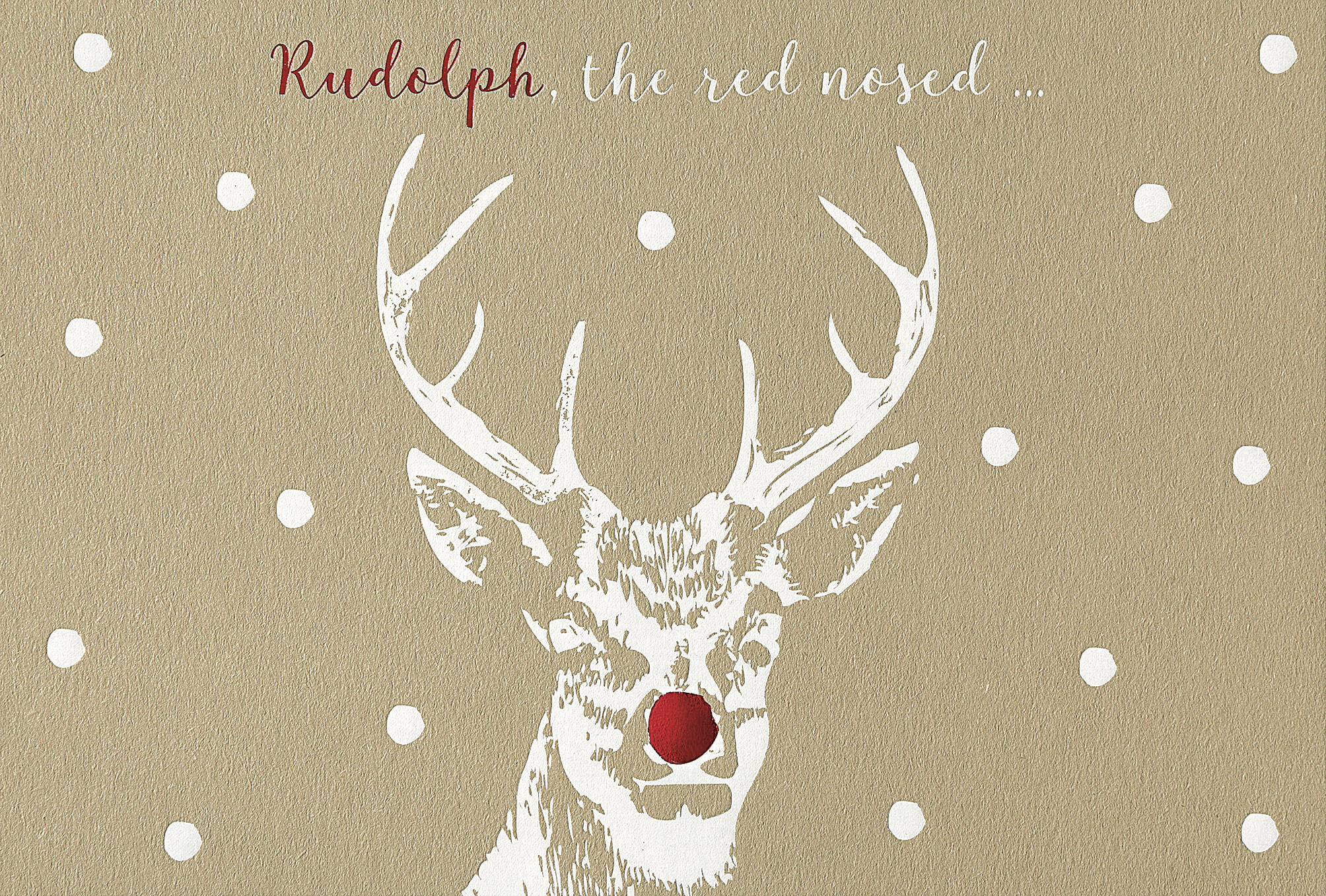 Naturbraune Weihnachtskart mit Spruch "Rudolph, the red nosed... und prächtigem Hirsch mit roter Nase