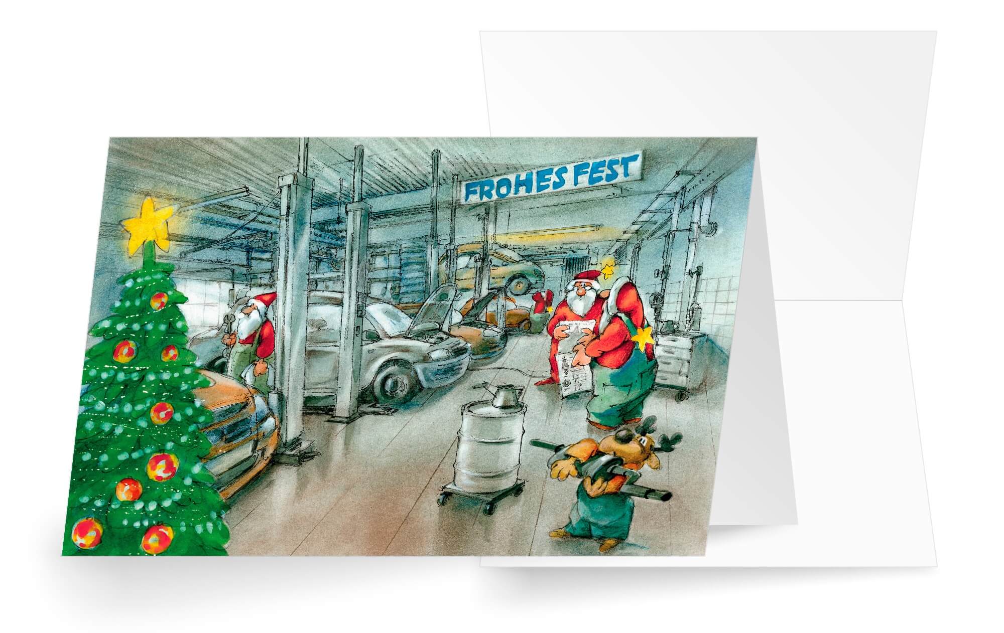 Lustige Weihnachts-Branchenkarte für Autowerkstatt, TÜV-Service, Reparatur und Autohaus