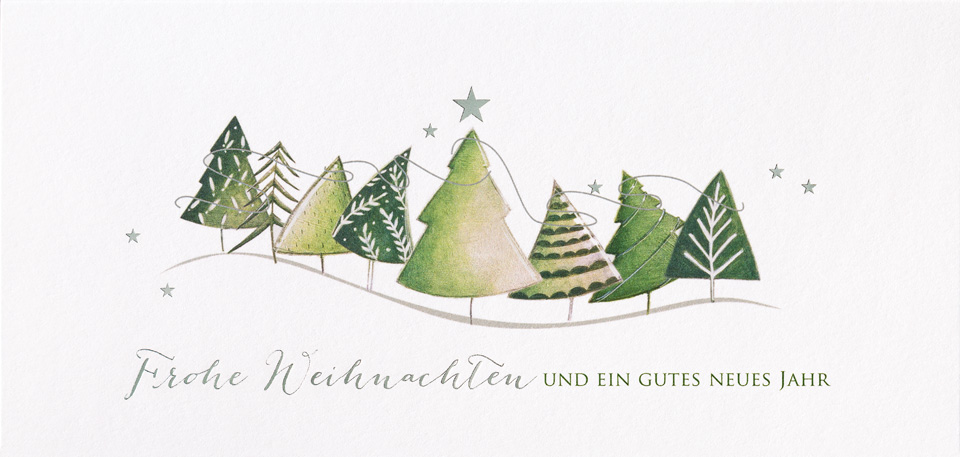 Weihnachtskarte cremeweiß mit grünen Weihnachtsbäumen