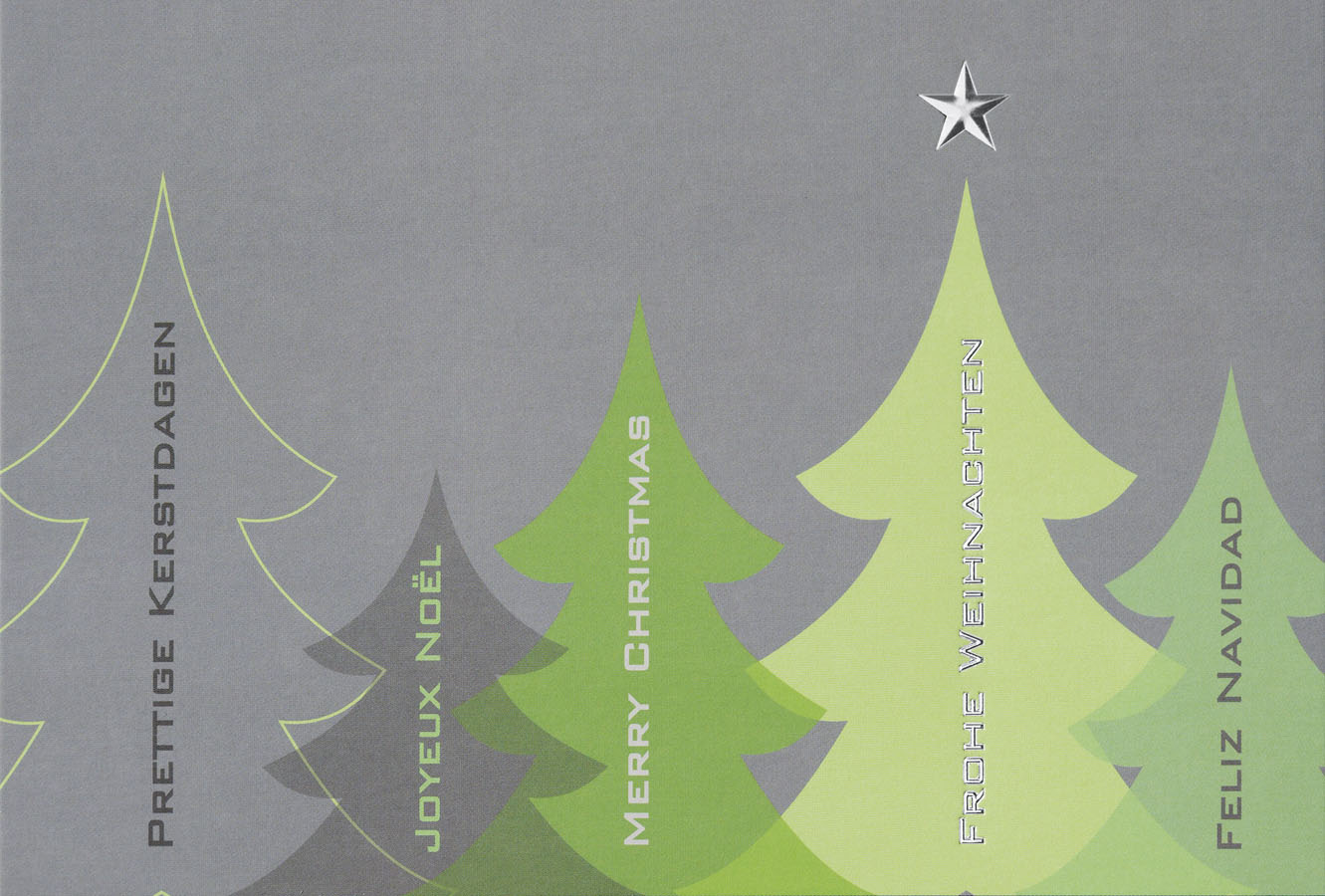 Weihnachtskarte mit Weihnachtsbäumen und internationalen Weihnachtsgrüßen