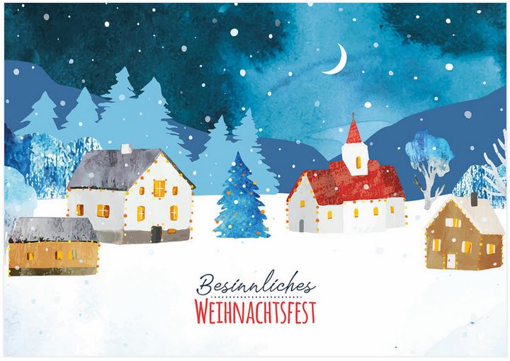 Winter-Weihnachtskarte mit kleinem Bergdorf bei Nacht und Spende für Deutsche Kinderkrebs-Stiftung