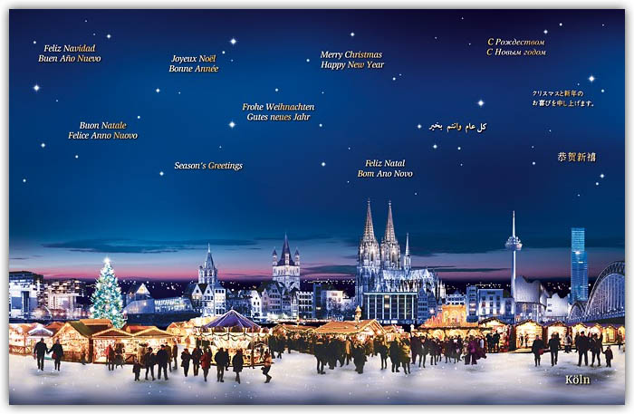 Internationale Weihnachtskarte mit Skyline von Köln und Weihnachtsmarkt