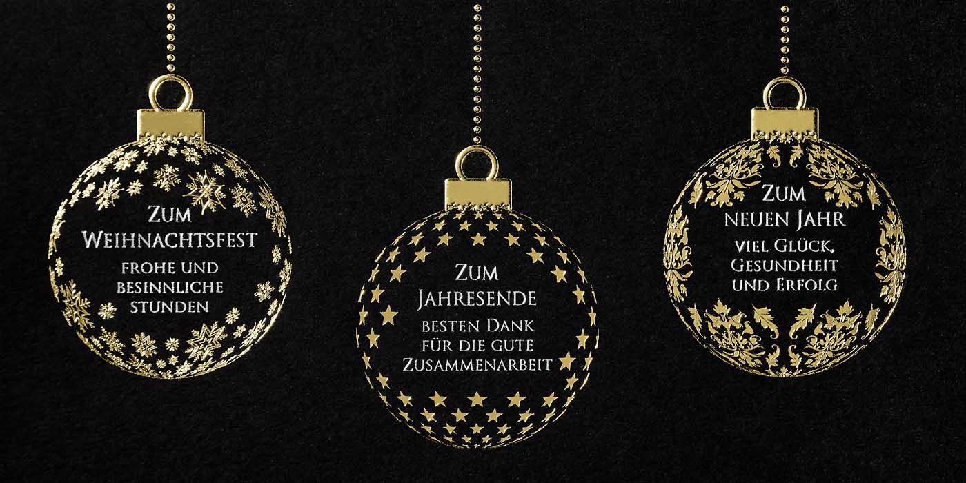 Schwarze Firmen-Weihnachtskarte mit goldenen Kugeln und Dank für die Zusammenarbeit