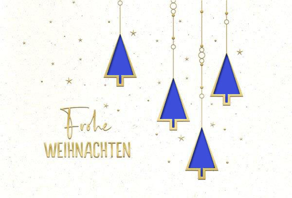 Naturweiße Weihnachtskarte mit "Frohe Weihnachten" und Laserstanzung sowie Einleger in blau