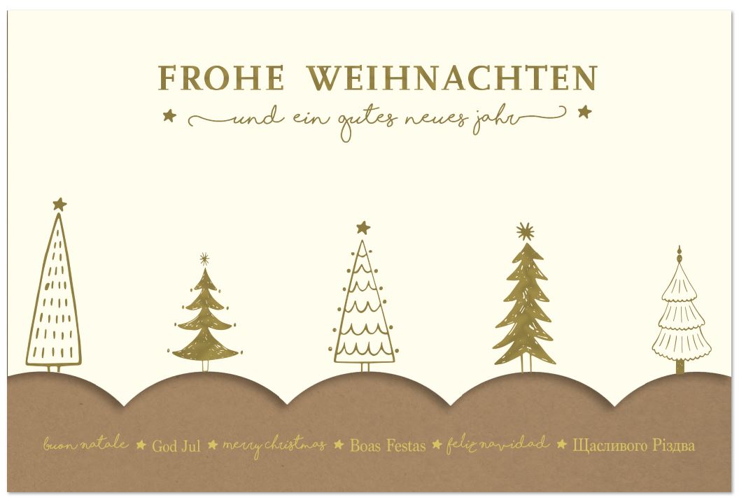 Cremeweiße Weihnachtskarte mit naturbraunem Einlegeblatt und goldener Folienprägung