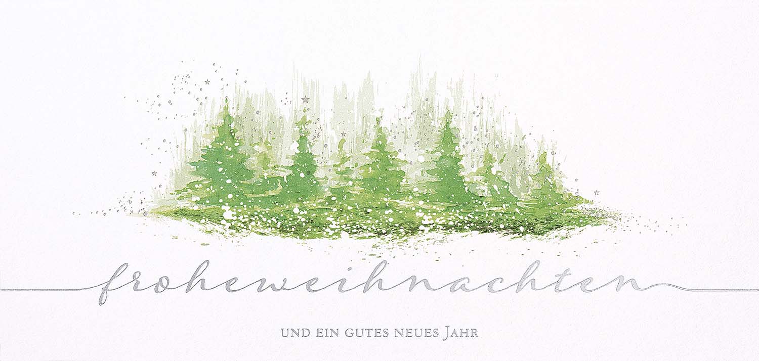 Weiße Weihnachtskarte mit grünem Aquarell-Motiv Tannenwäldchen und silbernem Schriftzug "froheweihnachten"