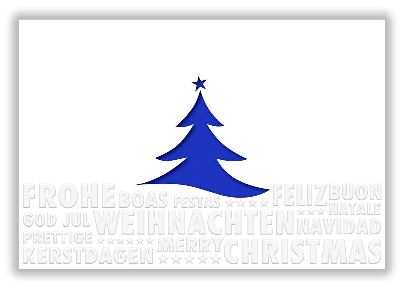 Mehrsprachige, cremeweiße Weihnachtskarte mit internationaler Relief-Blindprägung, Baumstanzung und blauem Einlegebalatt