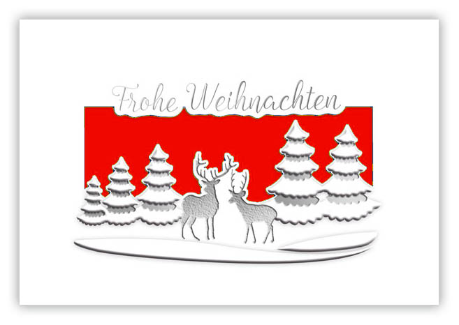 Weiße Weihnachtskarte mit Silberfolienprägung Hirsche und Weihnachtsgruß, Einleger rot