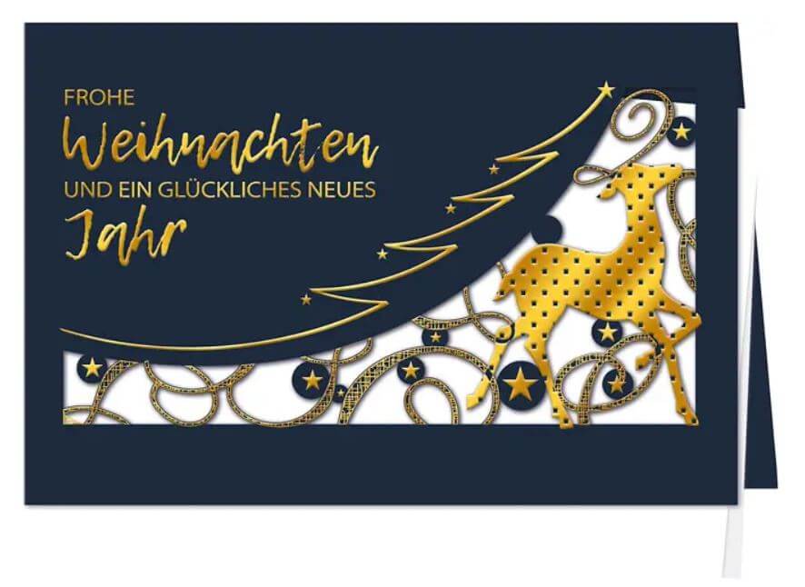 Blaue Weihnachtskarte mit edler Goldfolienprägung und filigranem Laserschnitt, inkl. Einleger