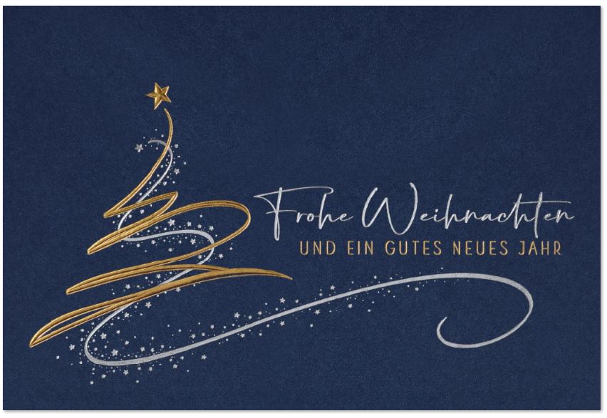 Dunkelblaue Weihnachtskarte mit abstraktem Baum und Weihnachts- sowie Neujahrsgruß