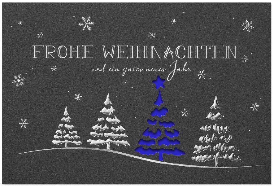 Edle Weihnachtskarte in anthrazit-metallic mit Silberprägung, Stanzung und blauem Falteinleger