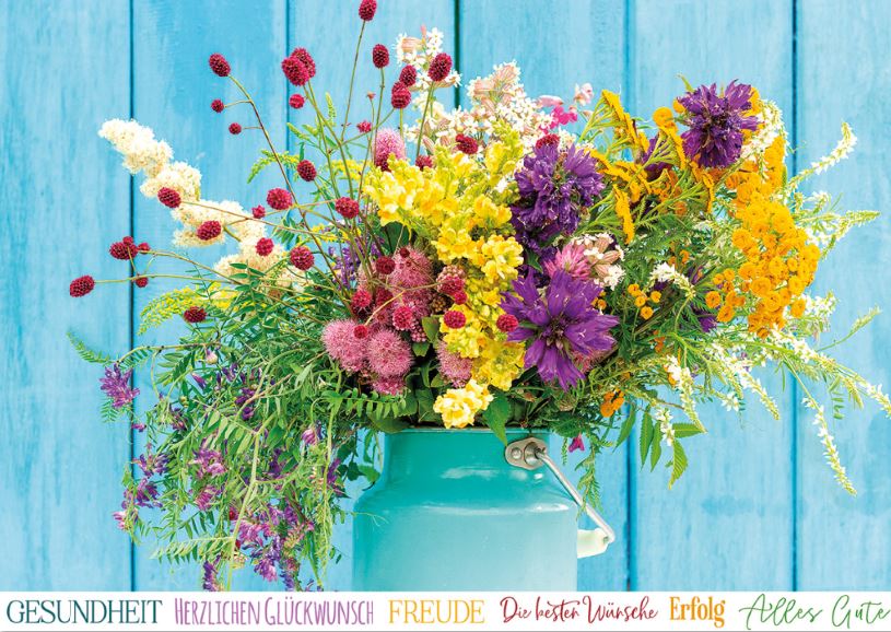 Bunte Firmenglückwunschkarte mit buntem Blumenstrauß, Glückwünschen und positiven Worten