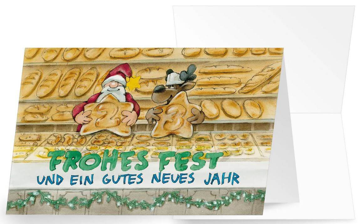 Fröhliche Weihnachts-Branchenkarte für Bäckerei und Brotverkauf mit Jahreszahl 23 und Gruß