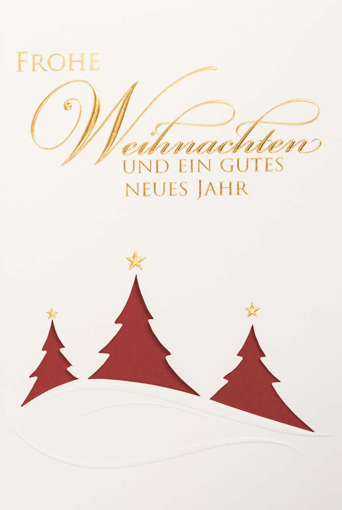 Weiße Weihnachtskarte mit Goldfolienprägung Weihnachtsgruß und dunkelrotem Einlegeblatt