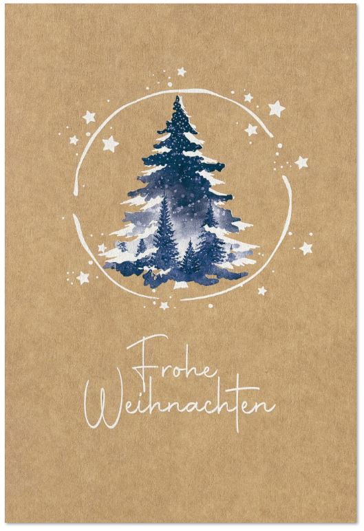 Weihnachtskarte aus braunem Naturkarton mit "Frohe Weihnachten" und Tannenbaum