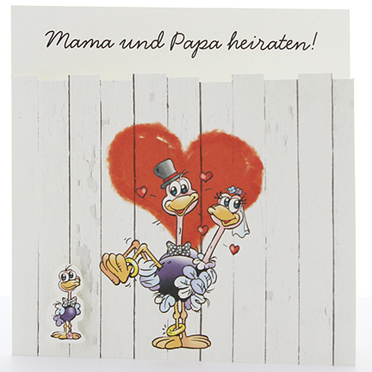 Hochzeitskarte Vogel Strauß Brautpaar Comic + Kinder Applikation