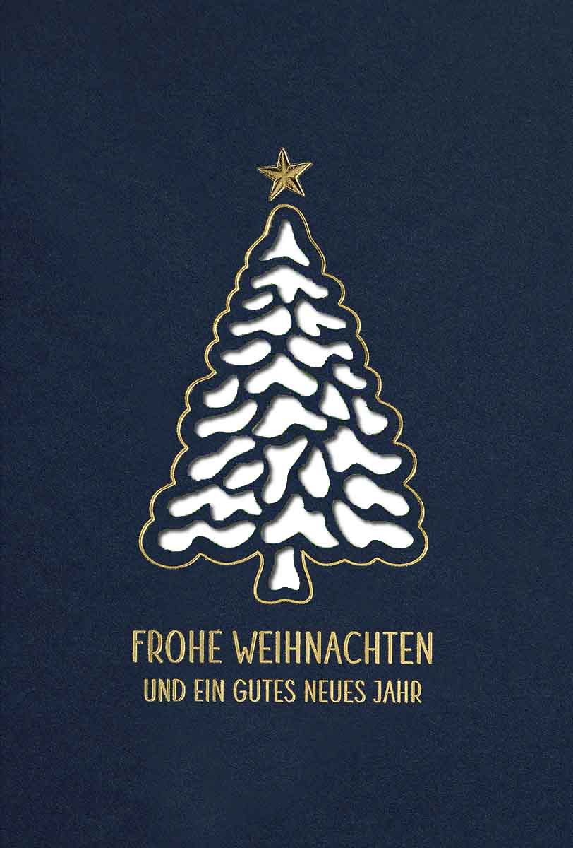 Blaue Weihnachtskarte mit weißem Einlegeblatt, Stanzung und eldler Goldfolienprägung