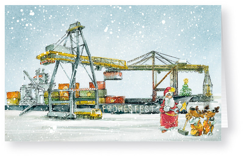 Lustige Branchenweihnachtskarte für Containertransport, Schifffahrt, Logistik