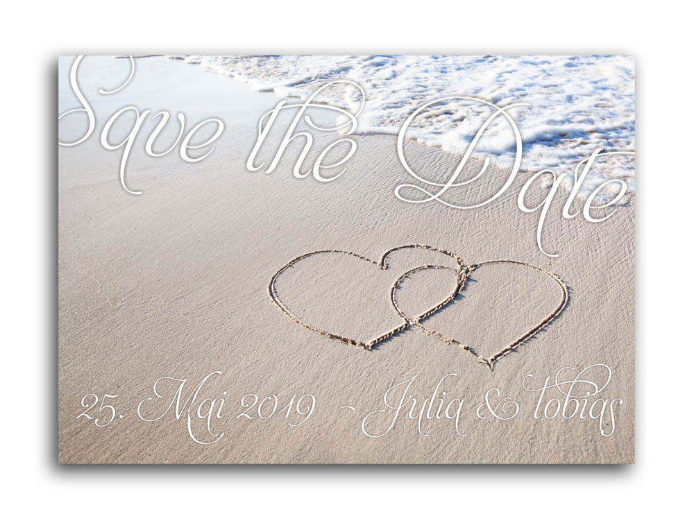 Save the Date Karte mit Motiv Herzen im Sandstrand am Meer DIN A6