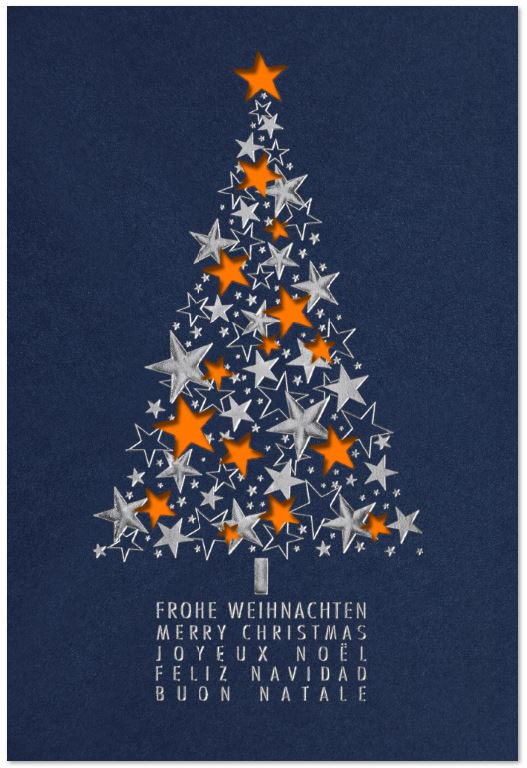 Dunkelblaue Weihnachtskarte mit Baum aus Sternen, mehrsprachig und Einlegeblatt in orange