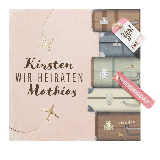 Moderne Hochzeitskarte mit Koffern, Flugzeugen, Reise, Urlaub, Flitterwochen