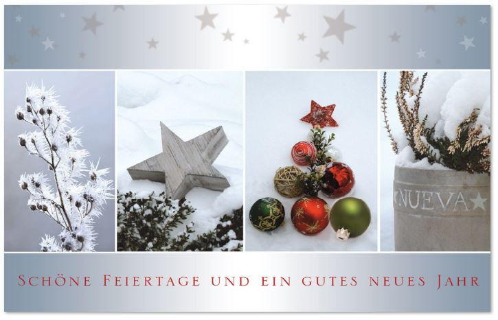 Winterliche Weihnachtskarte mit Fotocollage weihnachtlicher Dekoration und vereisten Zweigen