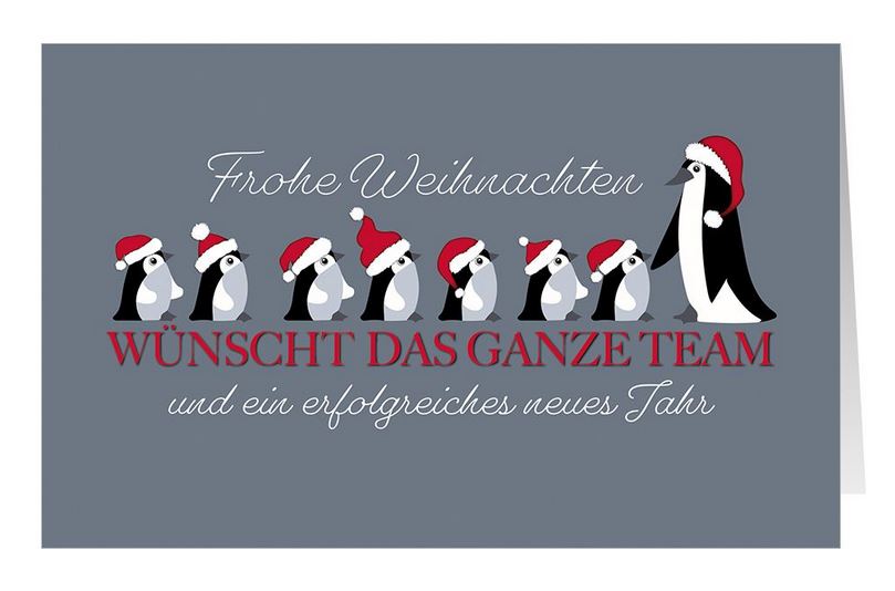 Witzige Teamweihnachtskarte für Firmen mit Weihnachtspinguinen und Grüßen