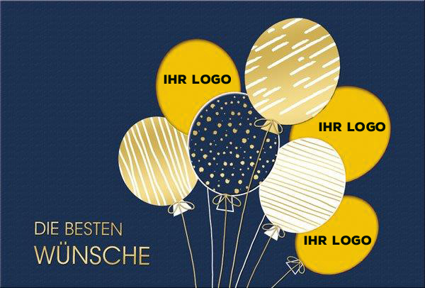 Fröhliche Glückwunschkarte in blau mit Luftballons und Formstanzung, Einlegeblatt gelb