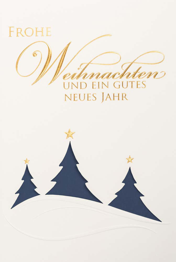 Weiße Weihnachtskarte mit Goldfolienprägung Weihnachtsgruß und dunkelblauem Einlegeblatt