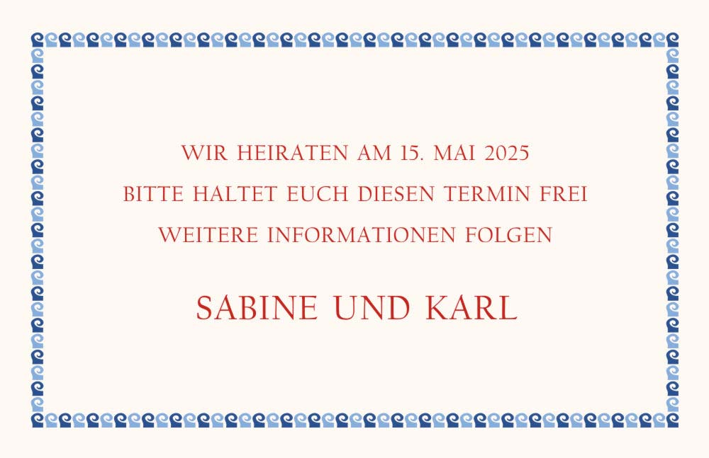 Rückseitendruck Maritime Save the Date Karte für die Hochzeits-Ankündigung mit Mustertext und Wellenrand in blau.