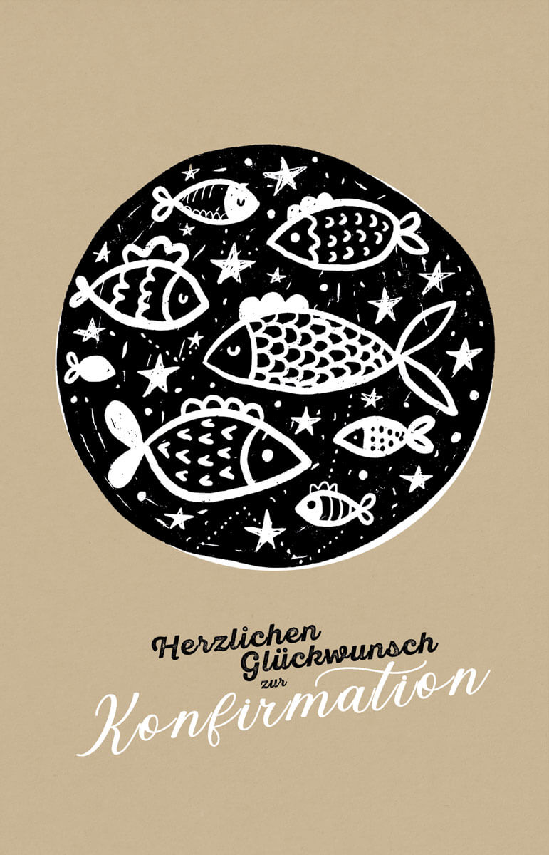 Glückwunschkarte "Herzlichen Glückwunsch zur Konfirmation" mit Fischschwarm und Sternen