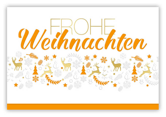 Weiße Weihnachtskarte mit orangefarbenem Einlegeblatt als Laserkarte mit goldenen Hirschen