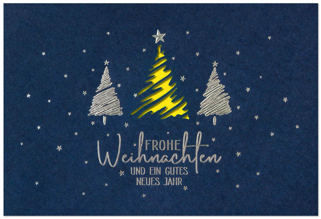 Blaue Weihnachtskarte mit Laserstanzung Baum und Silberfolienprägung, Einleger gelb