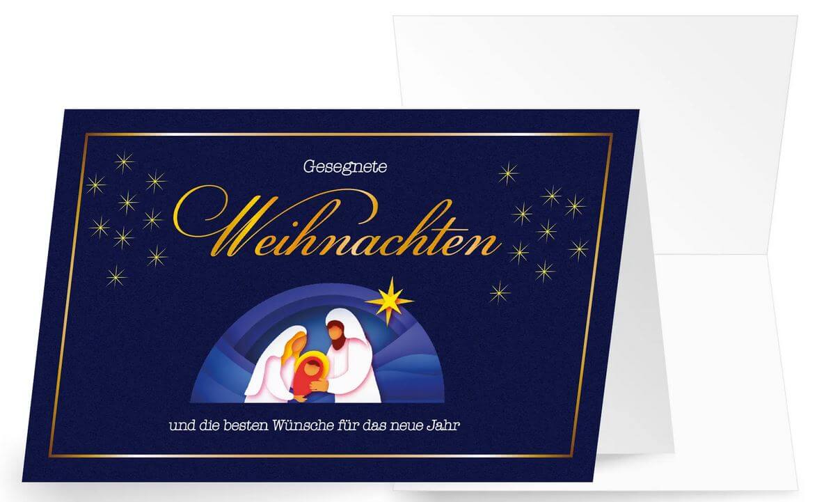 Christliche Weihnachtskarte mit der Heiligen Familie unter dem blauen Sternenhimmel