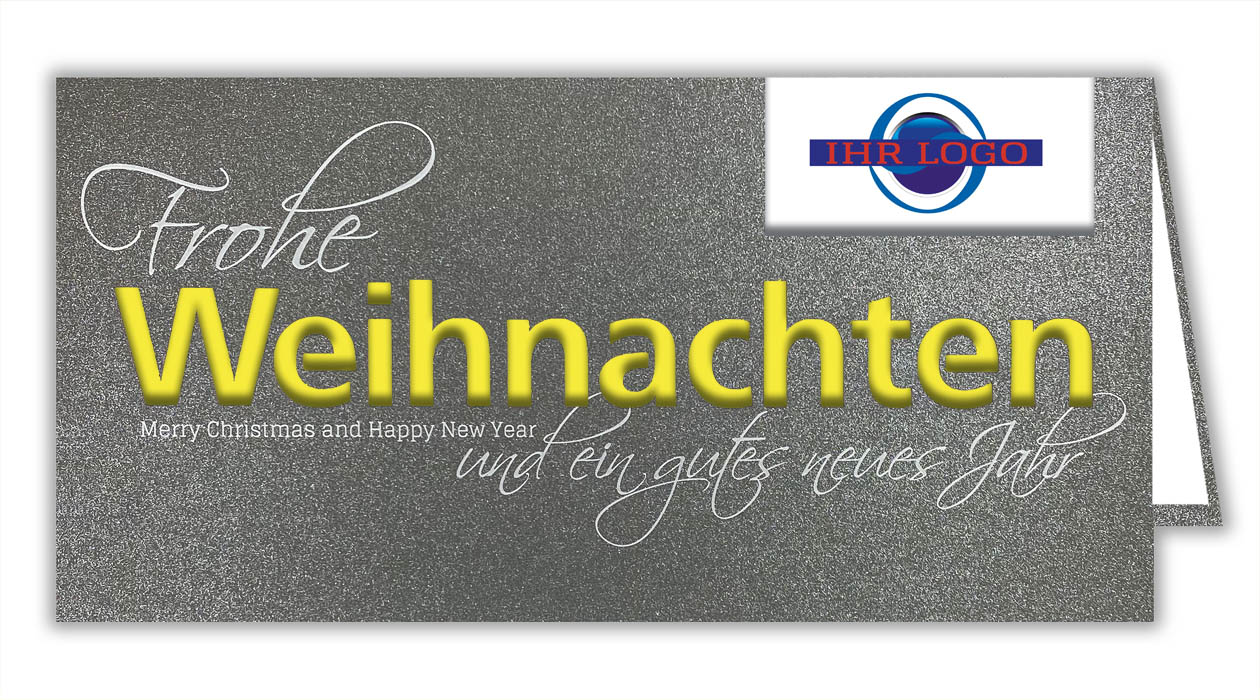 Anthrazitfarbene Weihnachtskarte mit gelbem Schriftzug "Weihnachten" und Logofenster