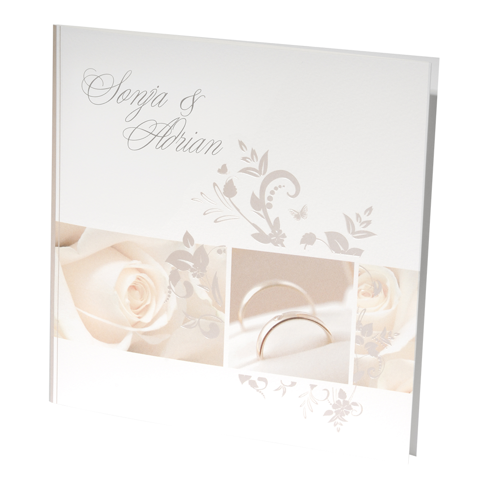 Hochzeitskarte creme mit Rosen, Ringen und silbernem Ornament