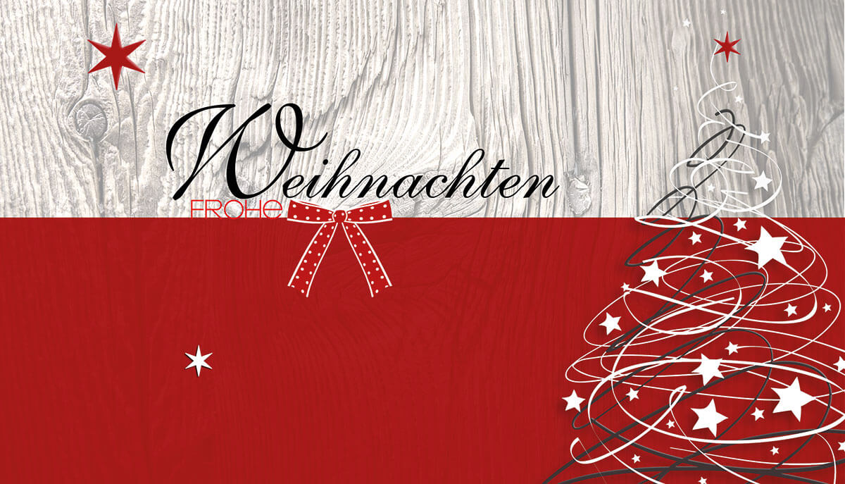 Festliche Weihnachtskarte mit roter Schleife und Weihnachtsbaum im kleinen Kompaktformat