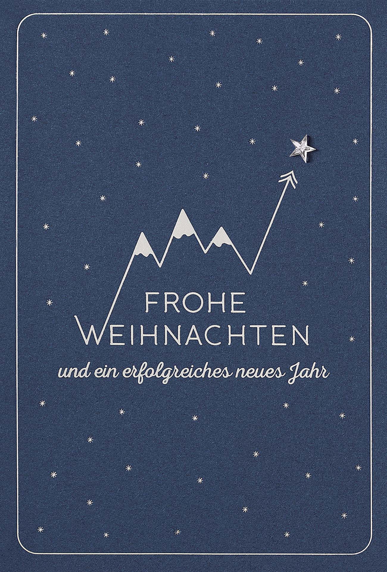 Firmen-Weihnachtskarte in blau mit Silberfolienprägung von Erfolgskurve und Weihnachtsgruß