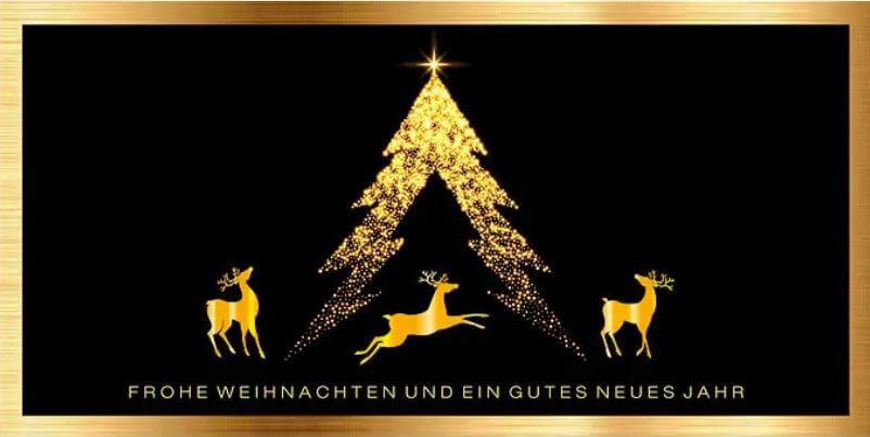 Schwarze Weihnachtskarte mit Hirschen, Weihnachtsbaum und weihnachtlichen Grüßen, DIN lang