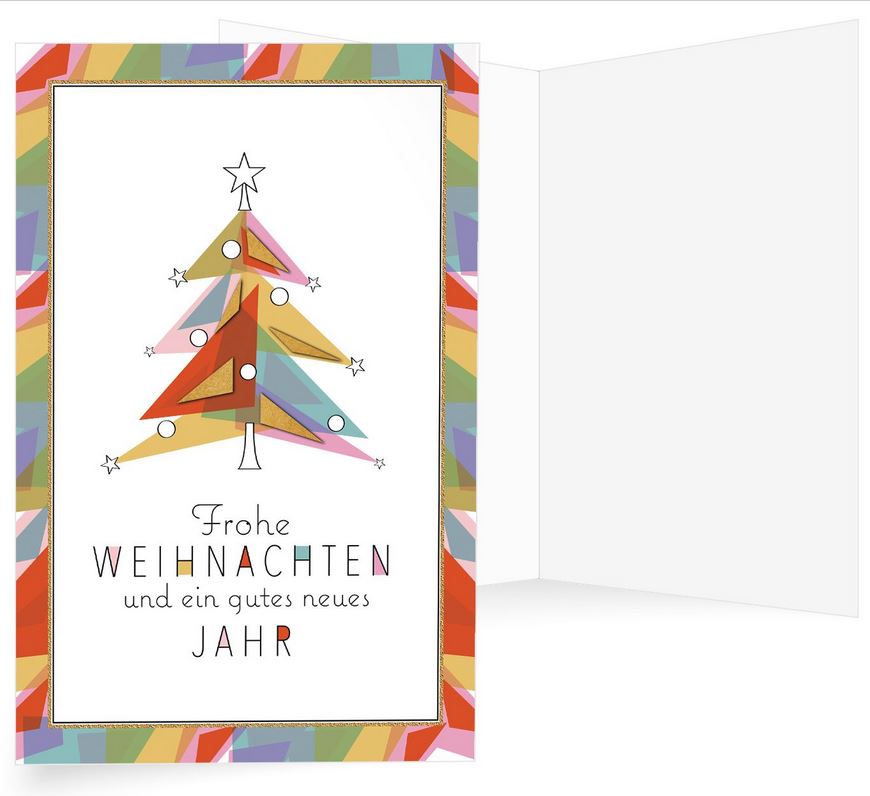 Farbenfrohe Weihnachtskarte im modernen Design mit buntem Rahmen, Weihnachtsbaum und Gruß